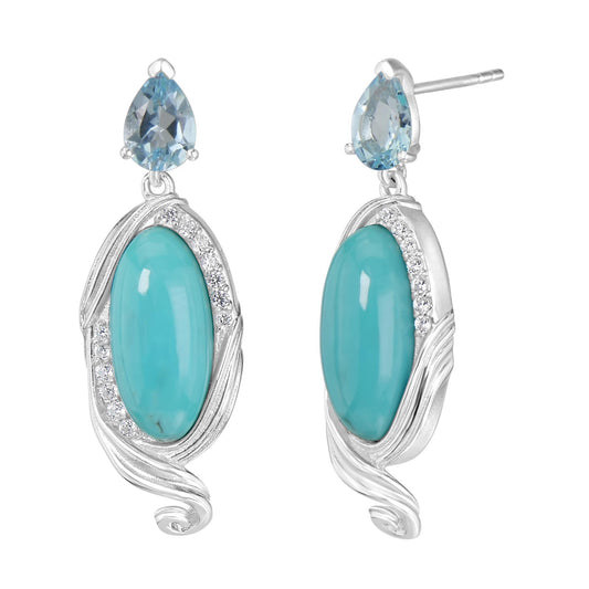 Sterling Silver Elongated Oval Turquoise and Blue Topaz Swirl Design Drop Earrings