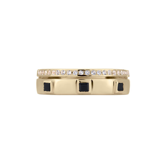 Lyla 14k Gold Pave and Bezel Onyx and White Topaz Double Band Stackable Ring