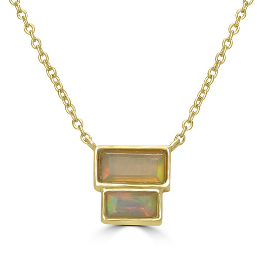 14K Gold Over Sterling Silver Genuine Opal Double Baugette Pendant Necklace