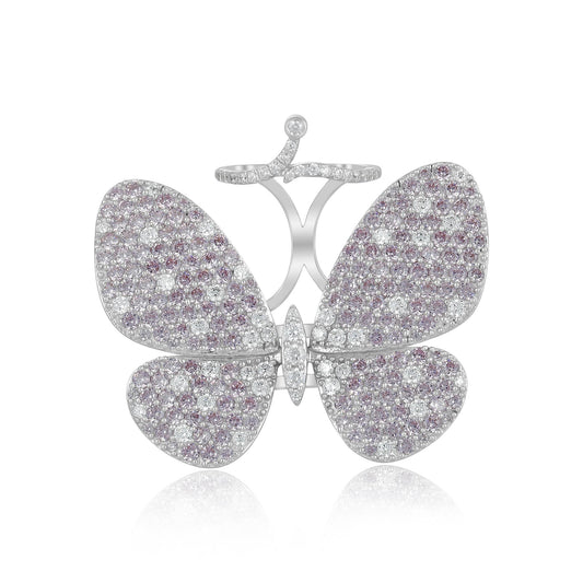Judy Crowell Jewelry Sterling Silver Pink and White Cubic Zirconia Butterfly Cocktail Ring, Sizes 6 to 9