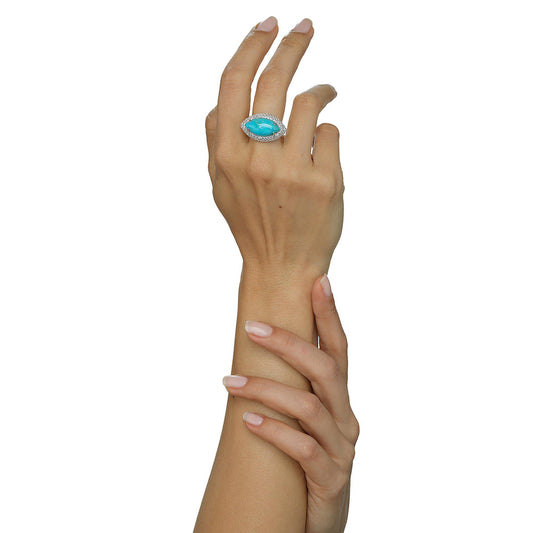 GG Collection Sterling Silver Kingman Turquoise and Zircon Marquise and Pave Ring, Sizes 6 and 8