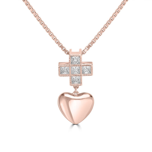 Kathy Levine Rose Gold-Plated Sterling Silver Cubic Zirconia Cross and Heart Pendant Necklace