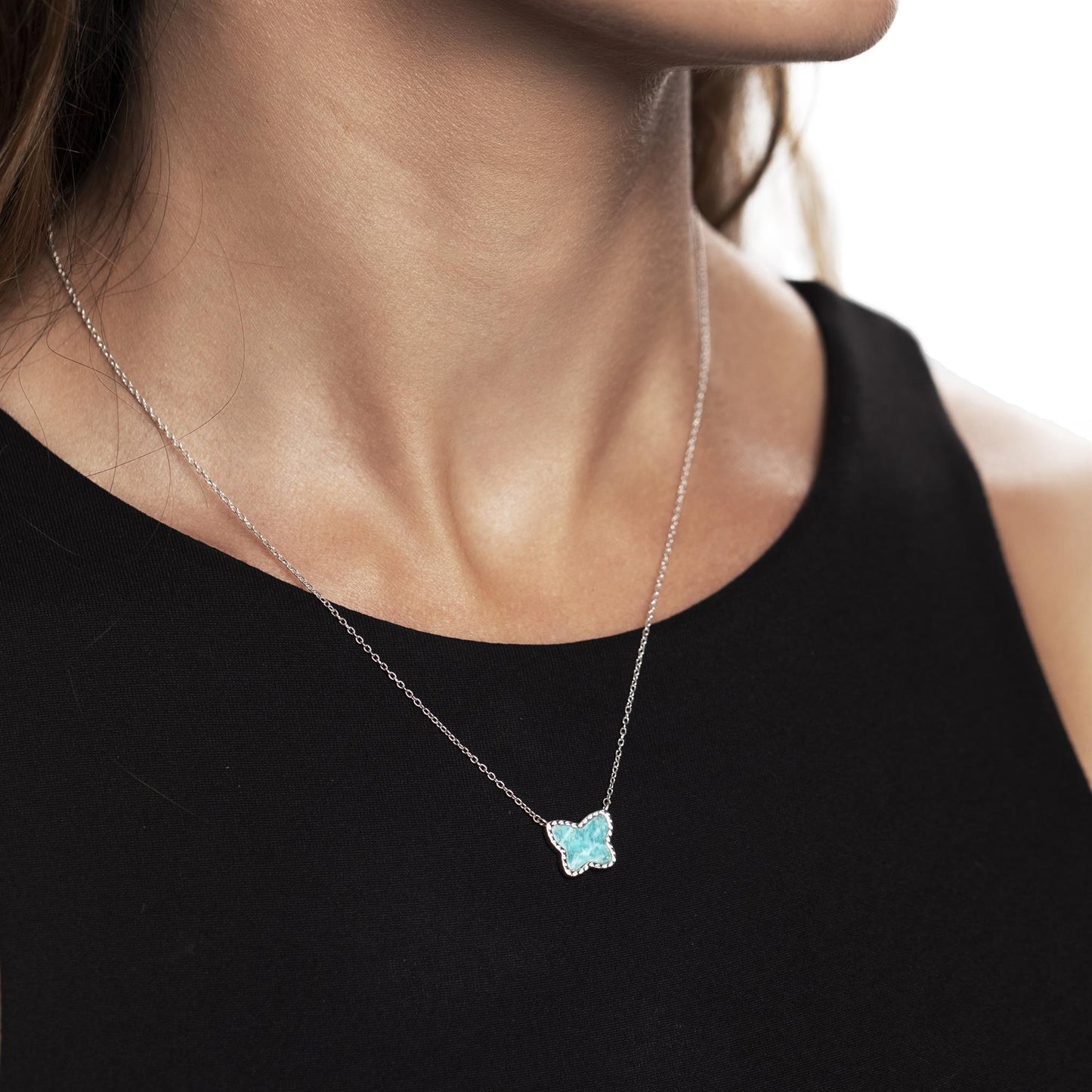 Sterling Silver Genuine Amazonite Butterfly Pendant Necklace , 18 Inches