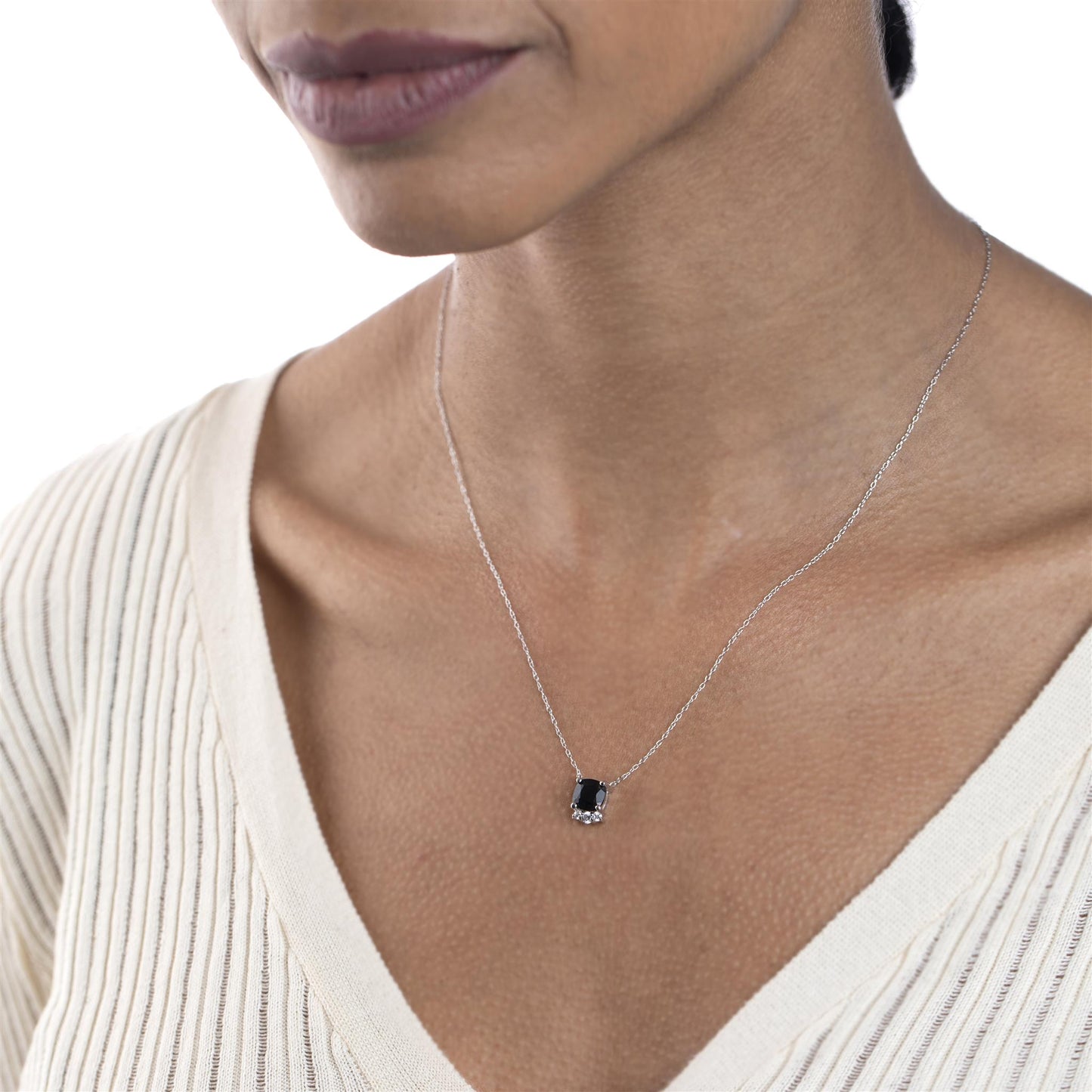 Sterling Silver Black Onyx and Cubic Zirconia Cushion Cut Pendant Necklace, 18 Inches