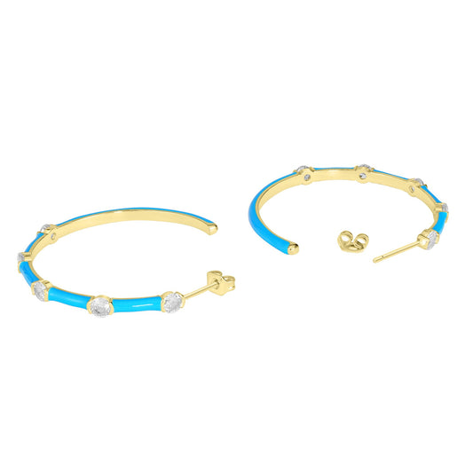 Bob Mackie Jewelry 14K Gold Over Brass Turquoise Enamel Cubic Zirconia Hoop Earrings