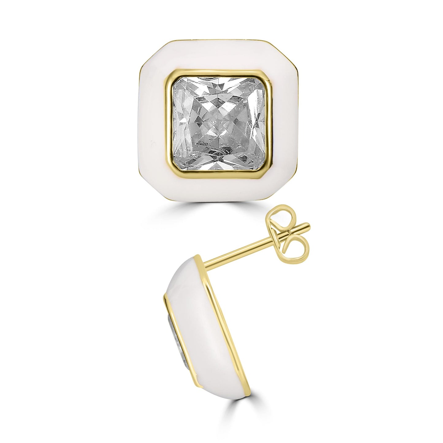 Bob Mackie Jewelry 14K Gold Over Brass Black, White and Navy Enamel White Cubic Zirconia Stud Earrings, Set of 3 Colors