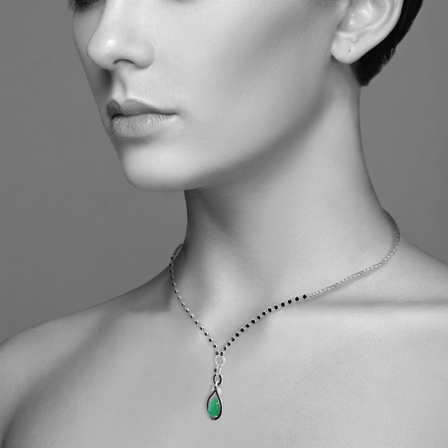 Sterling Silver Chrysoprase and Black Spinel Drop Necklace, 28 inches