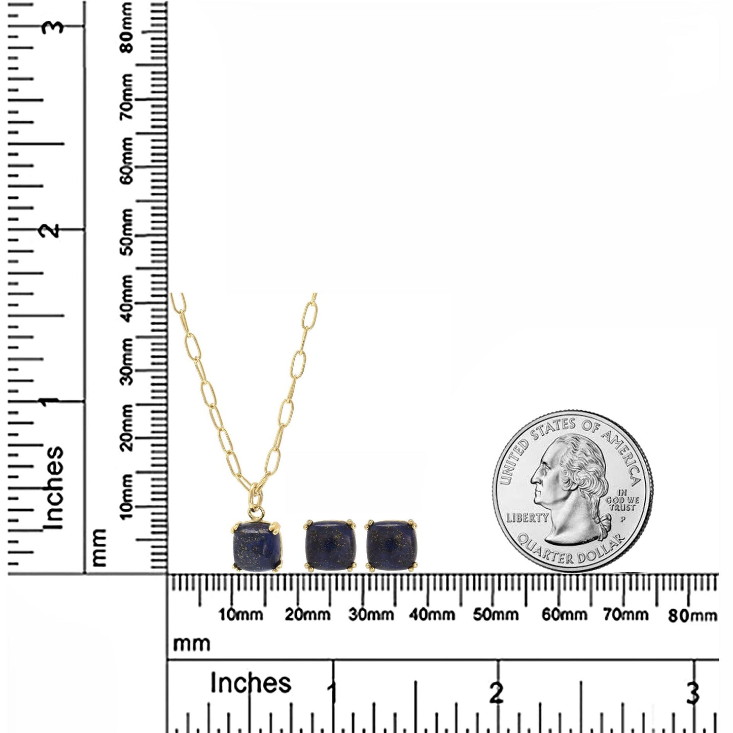 14K Gold Over Sterling Silver Lapis 18 Inch Pendant Link Chain Necklace and Earring Set