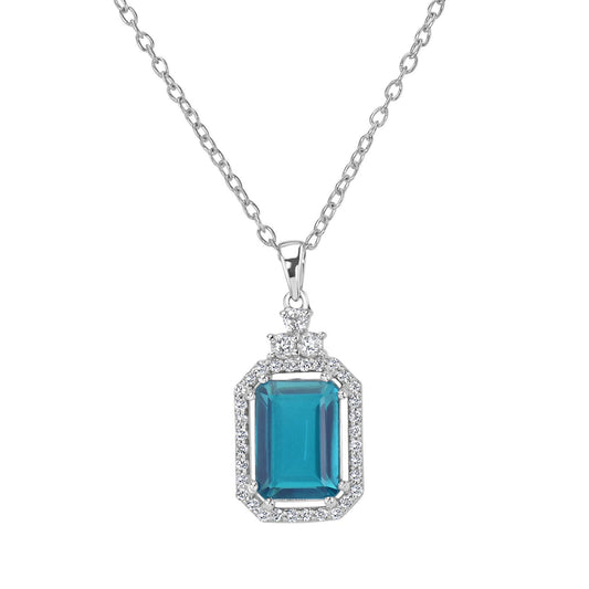 Sterling Silver Emerald Cut Pariaba Quartz & White Topaz Gemstone Halo Pendant Necklace , 18 Inches