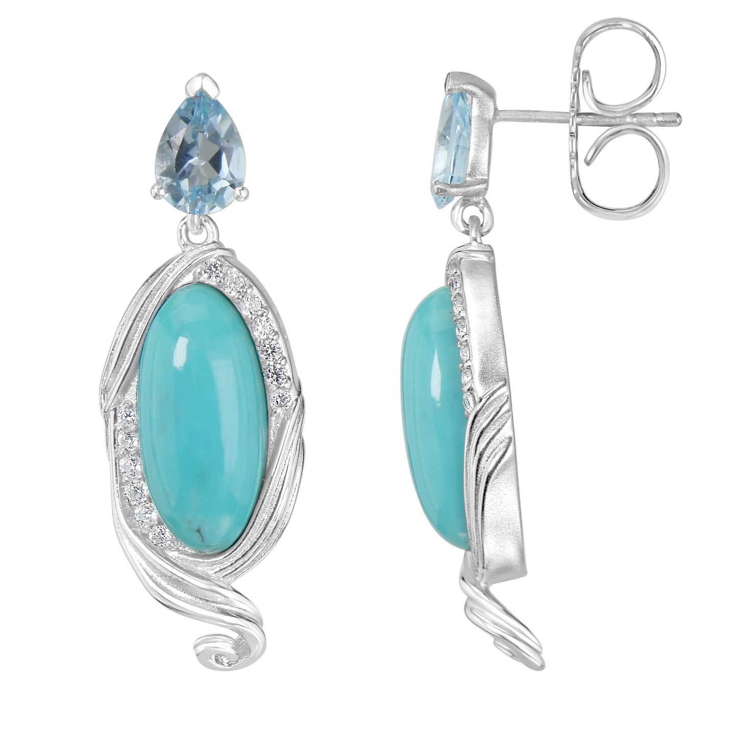 Sterling Silver Elongated Oval Turquoise and Blue Topaz Swirl Design Drop Earrings
