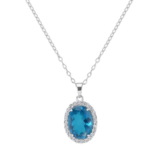 Sterling Silver Bold Oval Paraiba Quartz with White Topaz Halo Pendant Necklace, 18 Inches