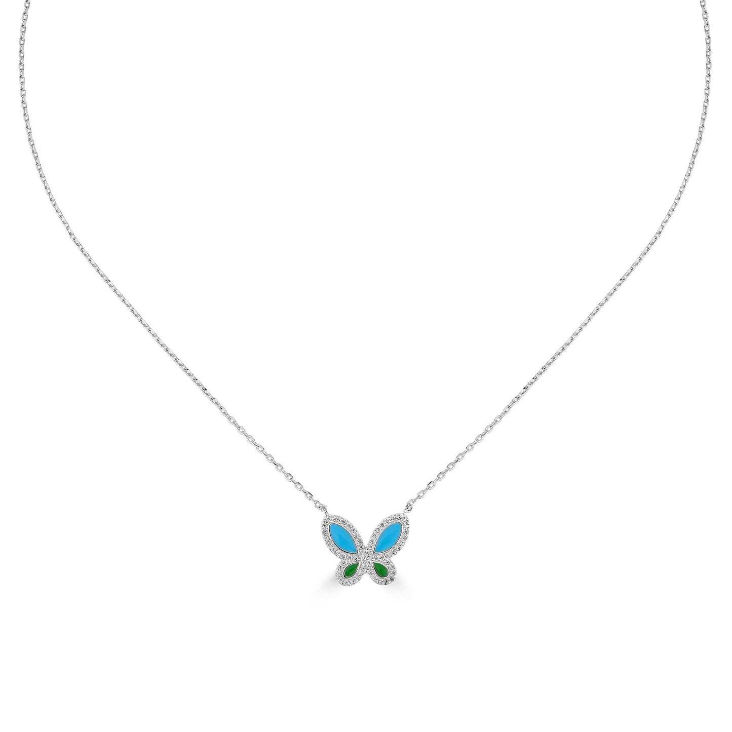 Bob Mackie Jewelry Silver-Plated Brass Turquoise, Green and White Cubic Zirconia Butterfly Pendant Necklace, 16-18 Inches