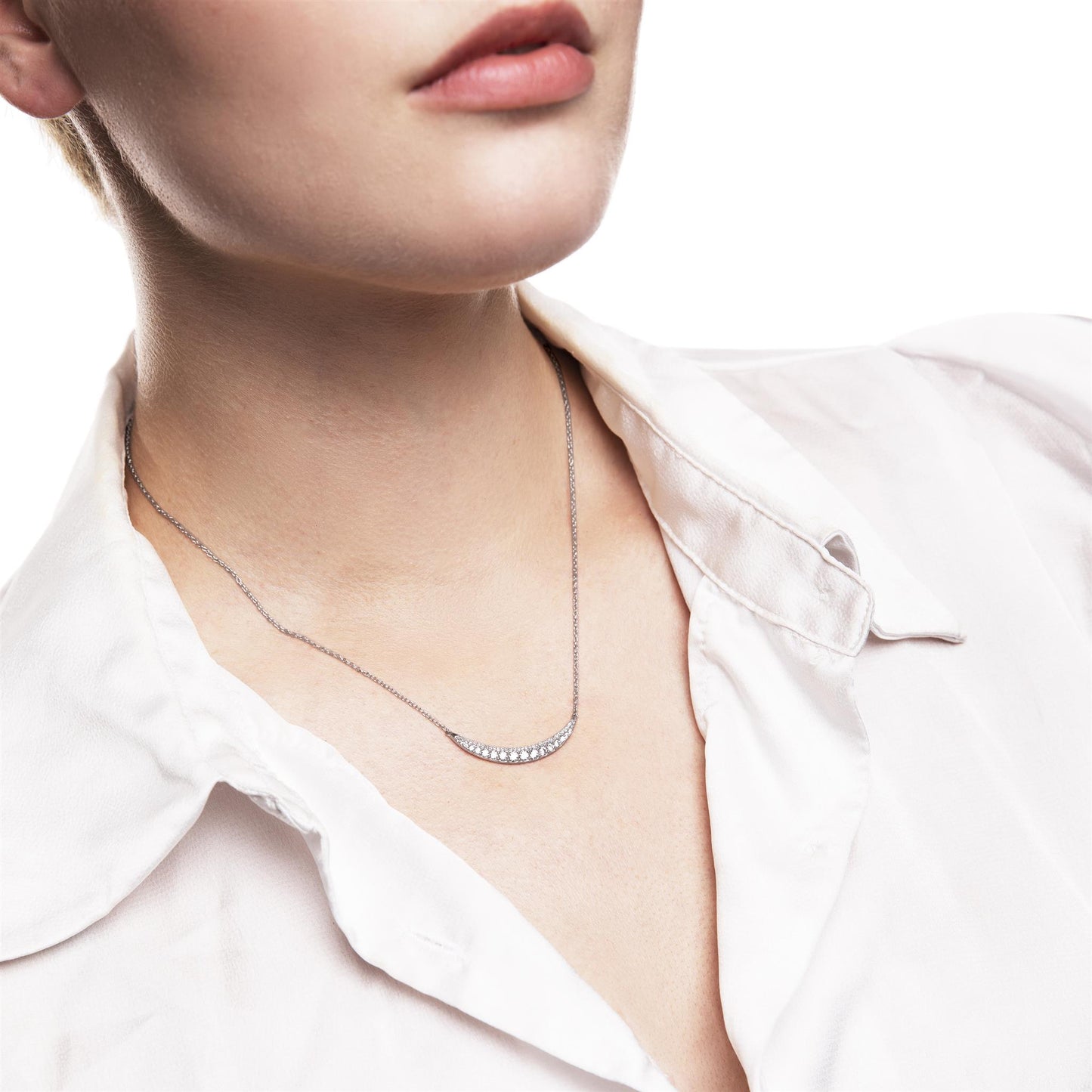 Judy Crowell Jewelry Sterling Silver Curved Cubic Zirconia Bar Necklace