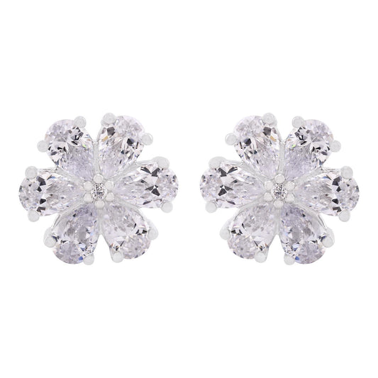 Sterling Silver Pear White Cubic Zirconia Floral Stud Earrings
