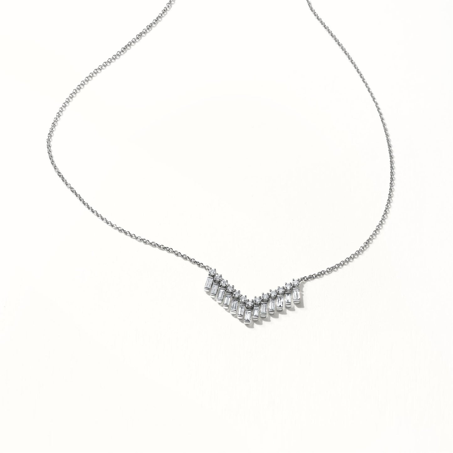 Gemistry Womens or Girls 14K White Gold Baguette White Diamond Multi Strand Necklace with 15 Inch Chain. April Birthstone Month, Gift For Her.