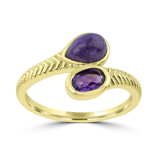 GG Collection  14K Gold over Sterling Silver Pear Charoite and Oval Amethyst Gemstone Bypass Ring