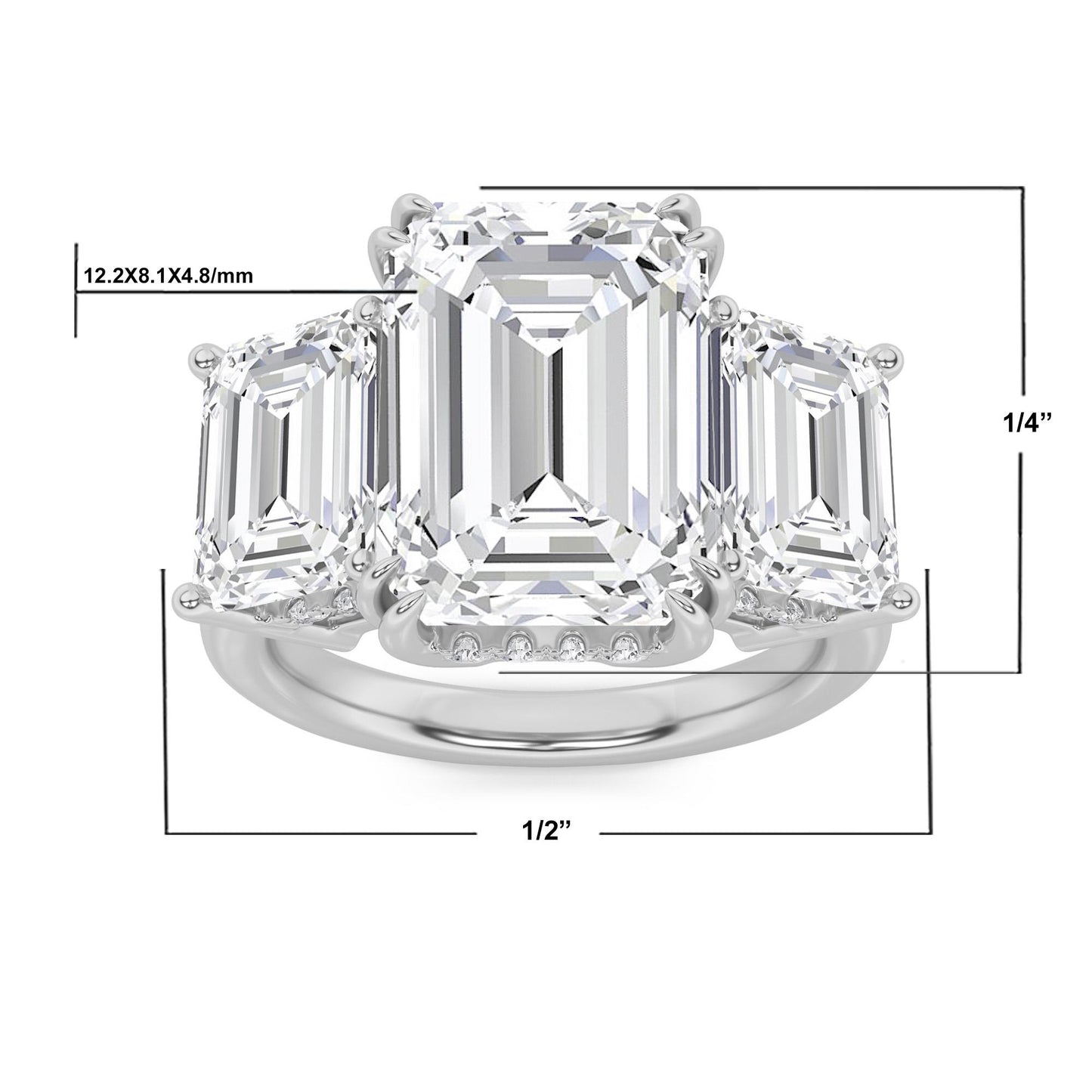 14K White Gold Lab Grown Diamond 8.3 CTTW 3-Stone Emerald Cut Ring