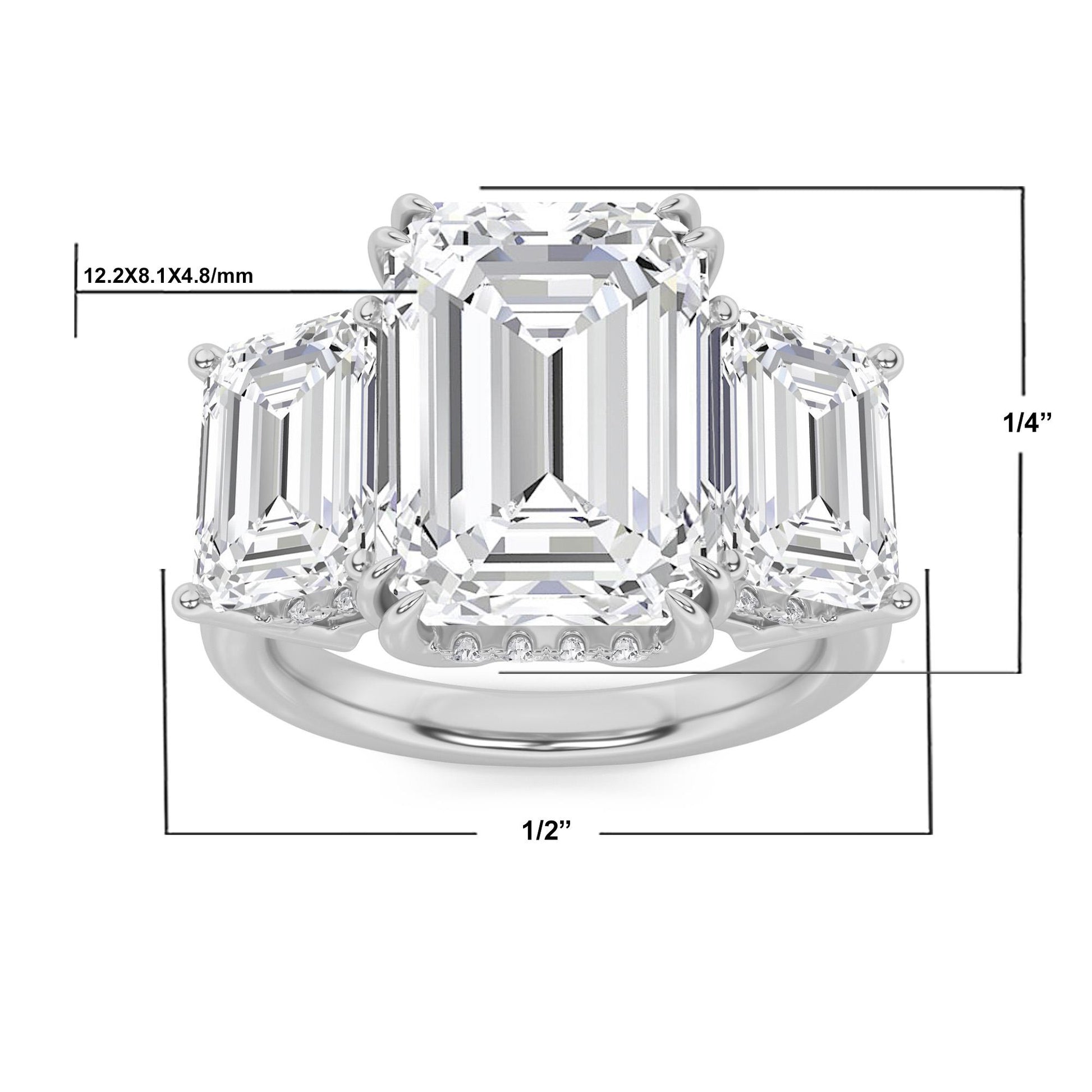 14K White Gold Lab Grown Diamond 8.3 CTTW 3-Stone Emerald Cut Ring