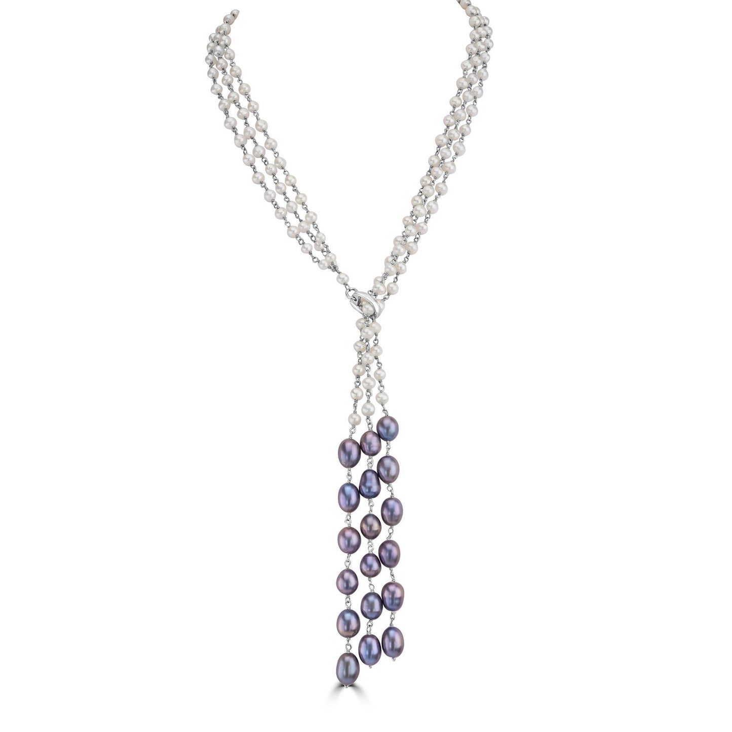Sterling Silver White and Gray Freshwater Pearl Lariat Necklace, 22 Inches