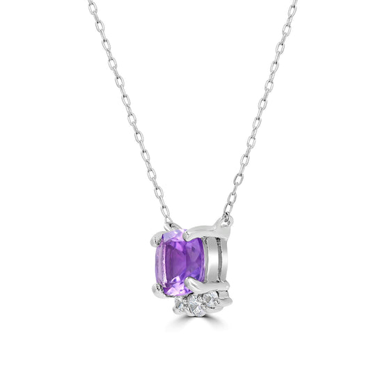 Sterling Silver Amethyst and Cubic Zirconia Cushion Cut Pendant Necklace, 18 Inches