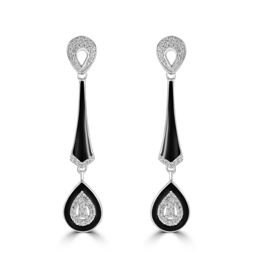 Judy Crowell Jewelry Sterling Silver Black Enamel Cubic Zirconia Drop Earrings