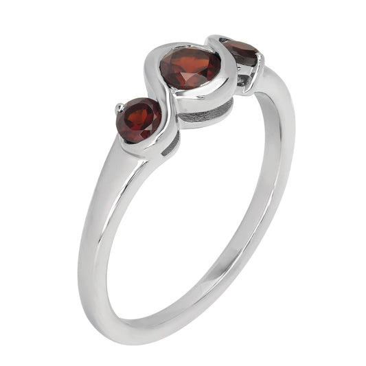 Cora Sterling Silver Garnet Gemstone 3-Stone Round Bezel Ring, Sizes 6 to 8