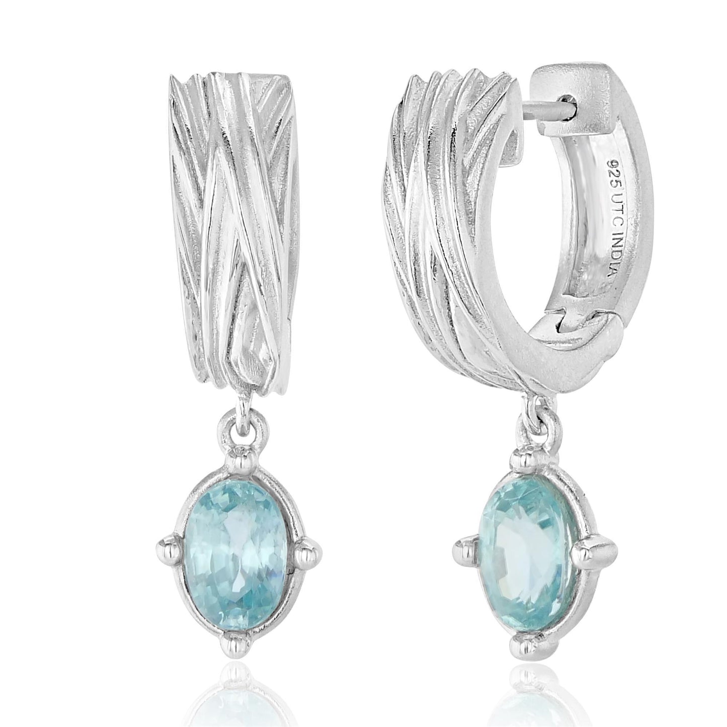 Sterling Silver Oval Blue Zircon Gemstone Textured Drop Earrings