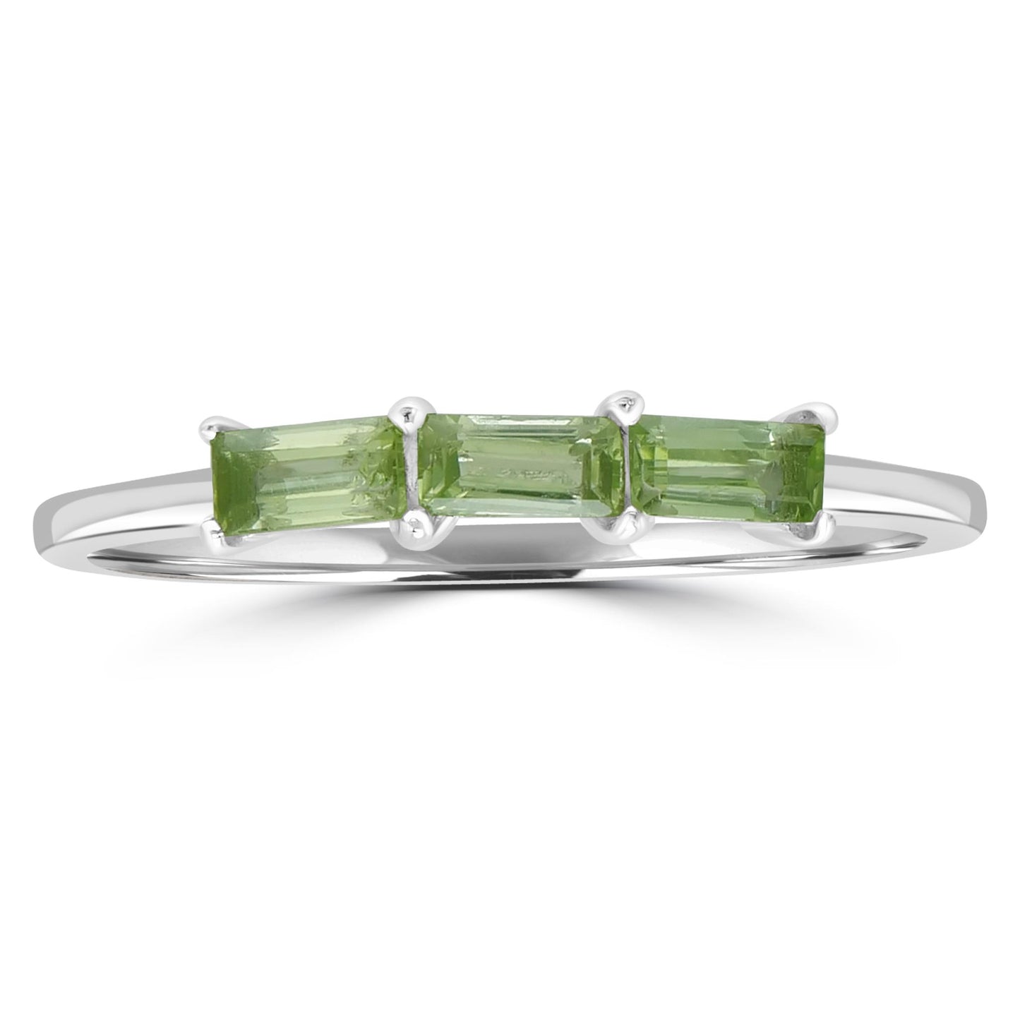 Heidi Sterling Silver Peridot Gemstone Stackable 3-Stone Baguette Ring, Sizes 6 to 8