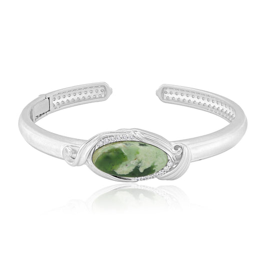 Sterling Silver Oval Chrome Chalcedony and White Natural Zircon Cuff Bangle Bracelet