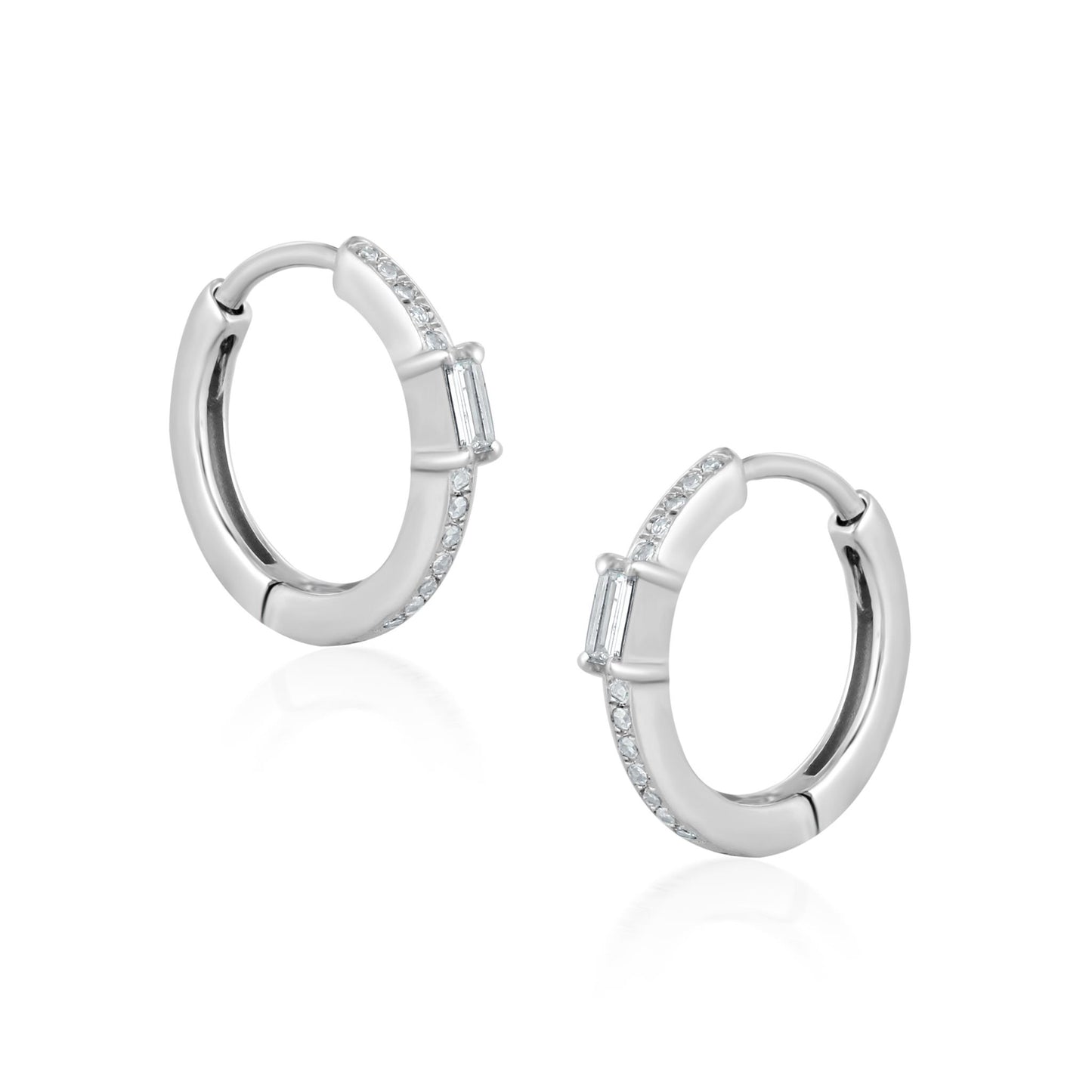 14K White Gold 0.18 Carat Diamond Pave and Baguette Hoop Earrings