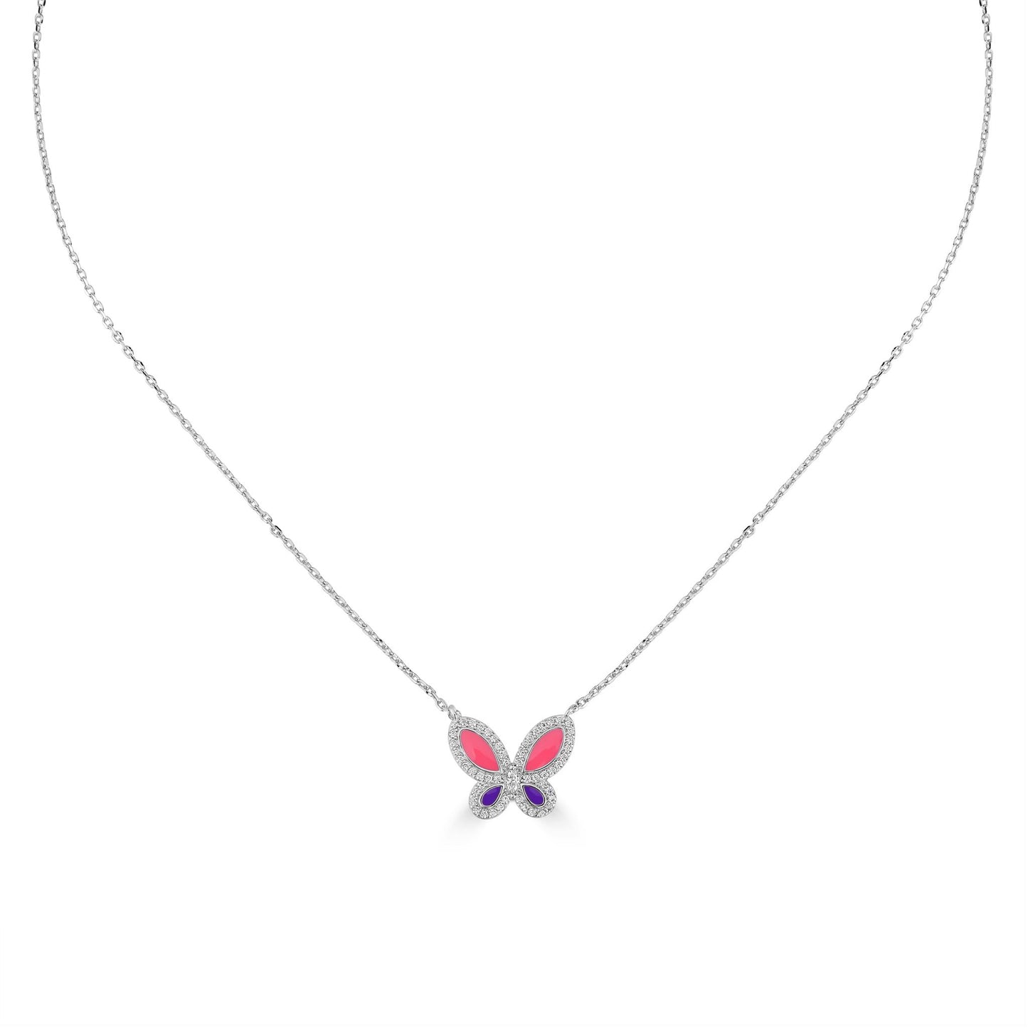 Bob Mackie Jewelry Silver-Plated Brass Pink, Purple and White Cubic Zirconia Butterfly Pendant Necklace, 16-18 Inches