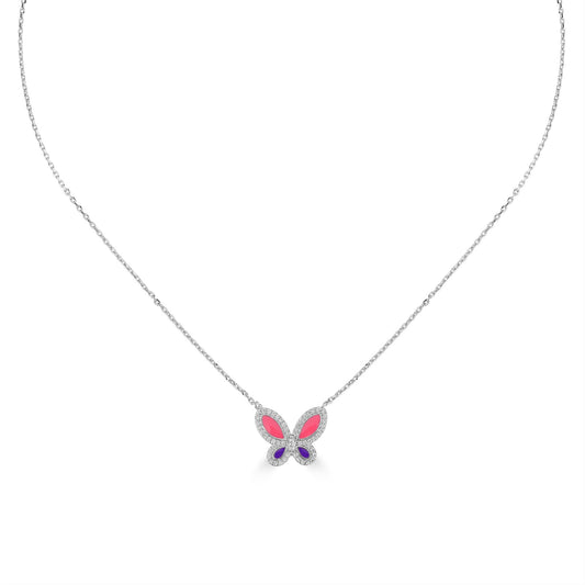 Bob Mackie Jewelry Silver-Plated Brass Pink, Purple and White Cubic Zirconia Butterfly Pendant Necklace, 16-18 Inches