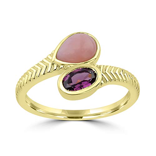 GG Collection 14K Gold over Sterling Silver Rhodolite and Pink Opal Bypass Ring
