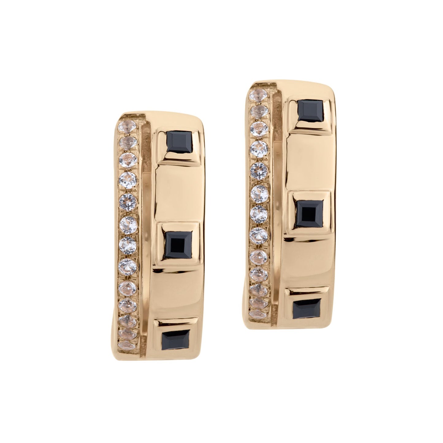 14K Gold .31 Carat Black Onyx and White Topaz Huggie Hoop Earrings