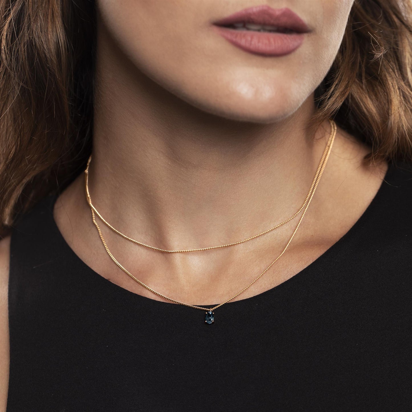 14K Gold Over Sterling Silver Genuine Double Strand London Blue Topaz Gemstone Pendant Necklace, 18 Inches