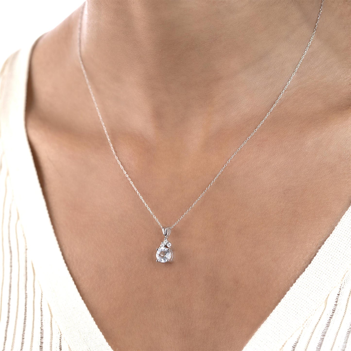 Sterling Silver White Topaz and Cubic Zirconia Round Cut Pendant Necklace, 18 Inches