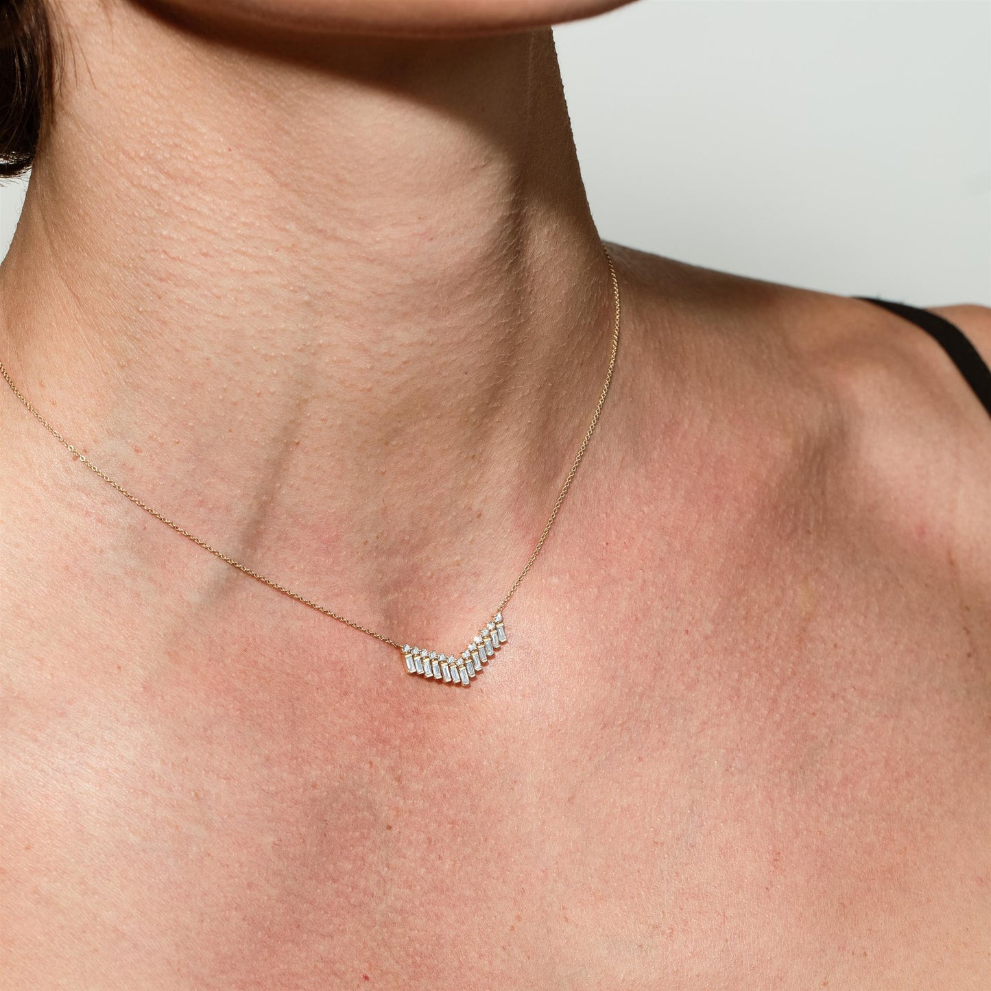 Gemistry Womens or Girls 14K Yellow Gold Baguette White Diamond Multi Strand Necklace with 15 Inch Chain. April Birthstone Month, Gift For Her.