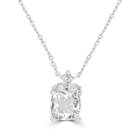 Sterling Silver Genuine White Topaz and Cubic Zirconia Cushion Cut Pendant Necklace, 18 Inches