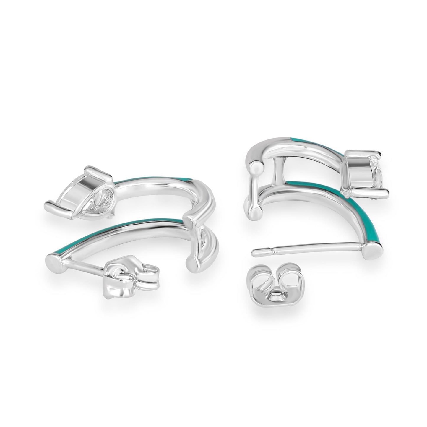 Bob Mackie Jewelry Silver-Plated Brass Pear-Shaped Cubic Zirconia and Double Row Turquoise Enamel Hoop Earrings