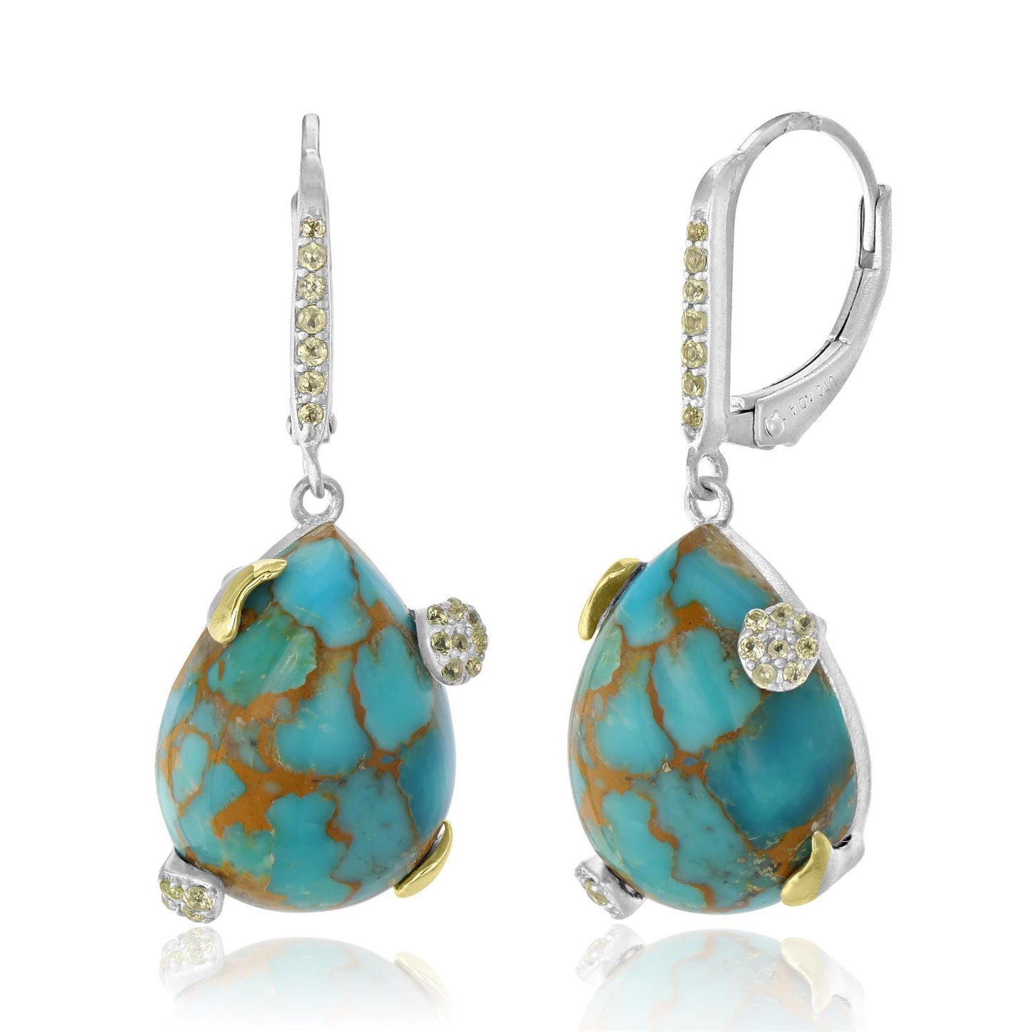 Sterling Silver Pear Sonoran Turquoise Cabochon and Peridot Drop Earrings |