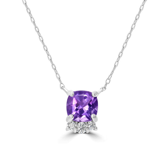 Sterling Silver Amethyst  and Cubic Zirconia Cushion Cut Pendant Necklace, 18 Inches