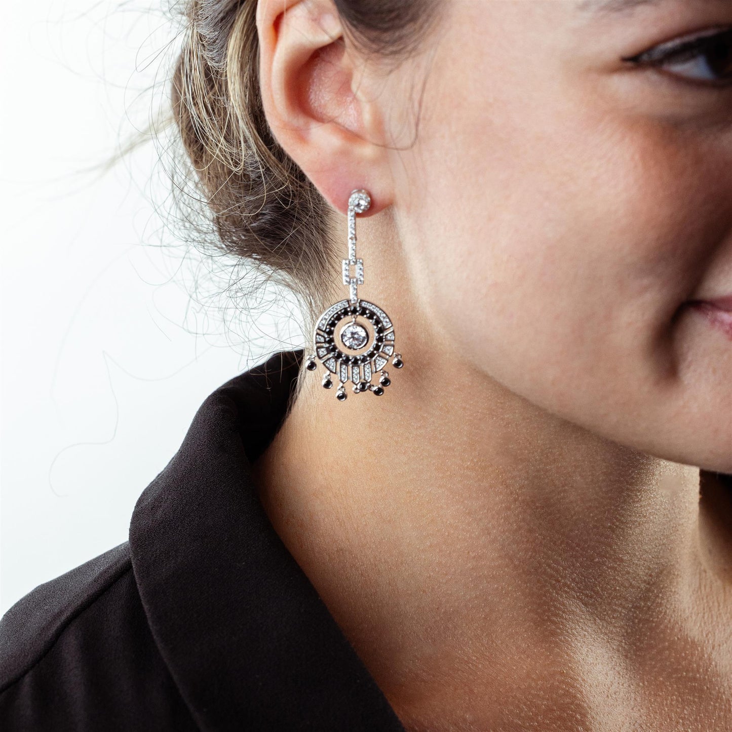 Judy Crowell Jewelry Sterling Silver Clear and Black Cubic Zirconia Round Dangle Earrings
