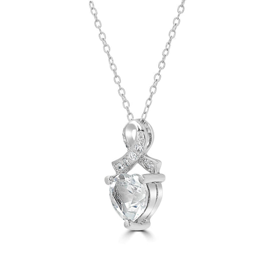 Sterling Silver White Topaz Heart Ribbon Design Cable Pendant Necklace, 18 Inches