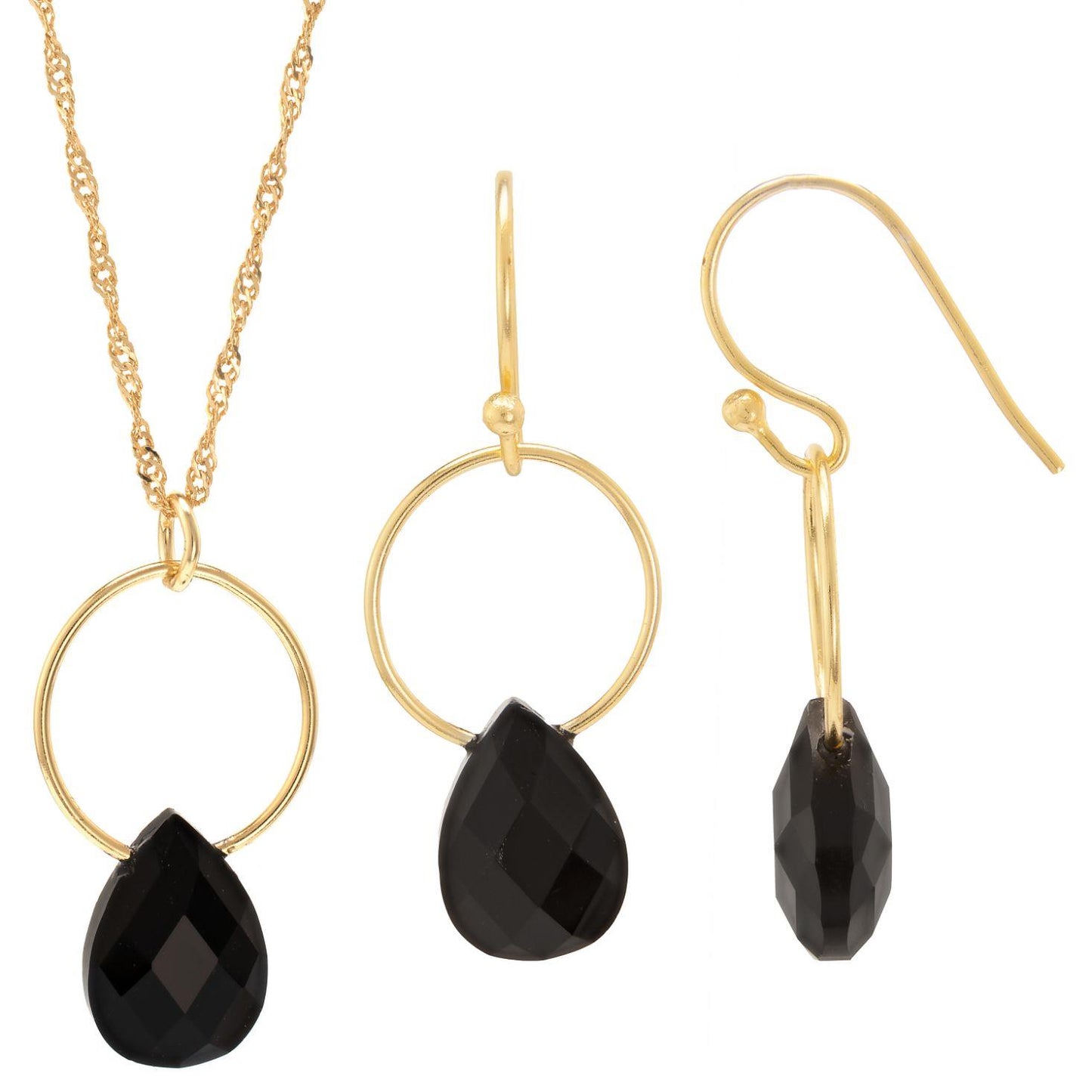 14K Gold Over Sterling Silver Black Onyx 18 Inch Pendant Necklace and Dangle Earring Set