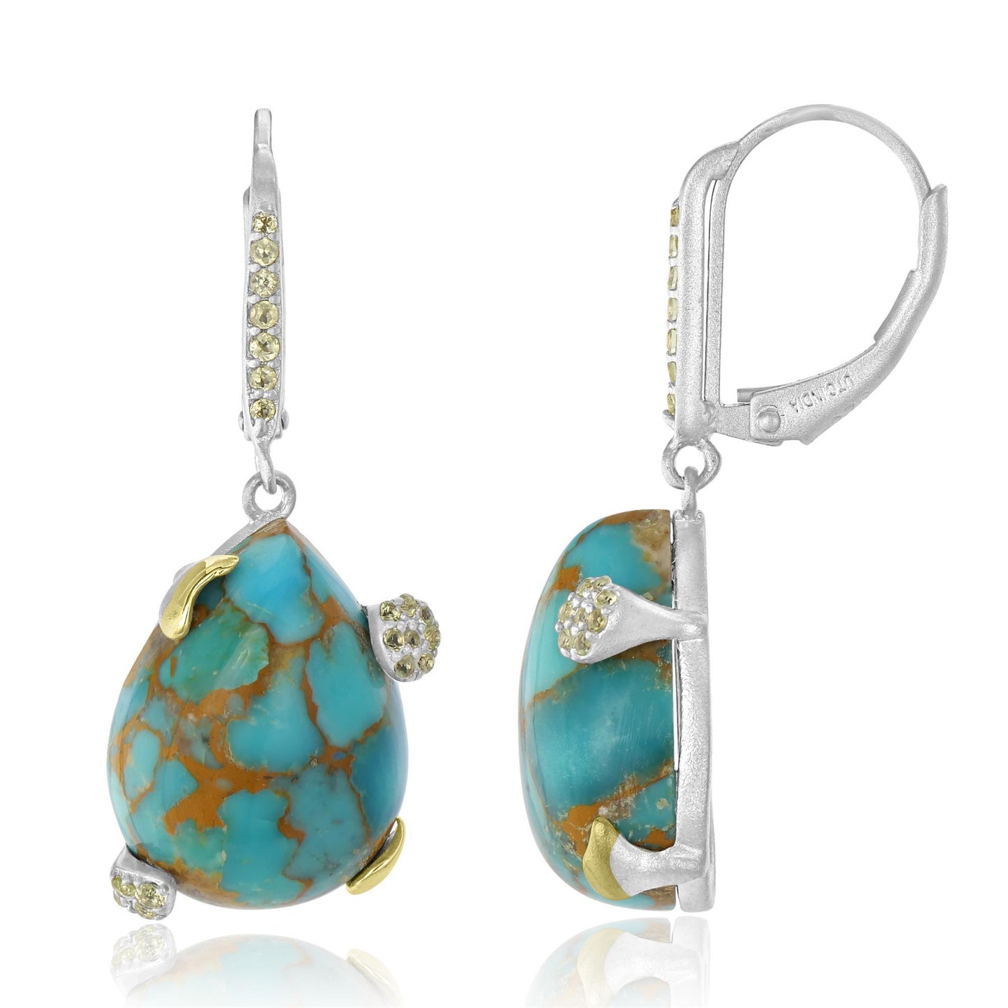 Sterling Silver Pear Sonoran Turquoise Cabochon and Peridot Drop Earrings |