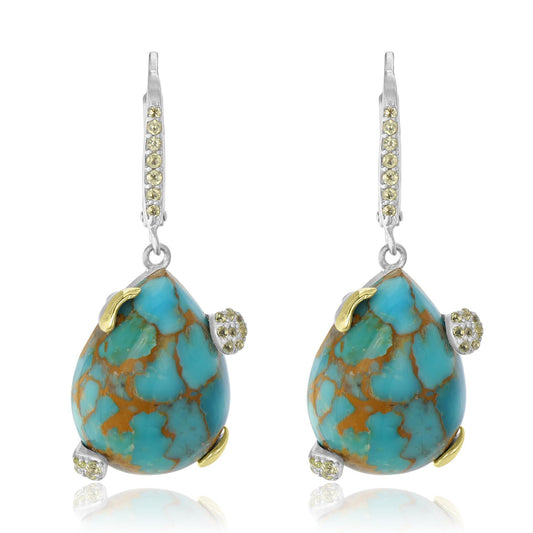 Sterling Silver Pear Sonoran Turquoise Cabochon and Peridot Drop Earrings |