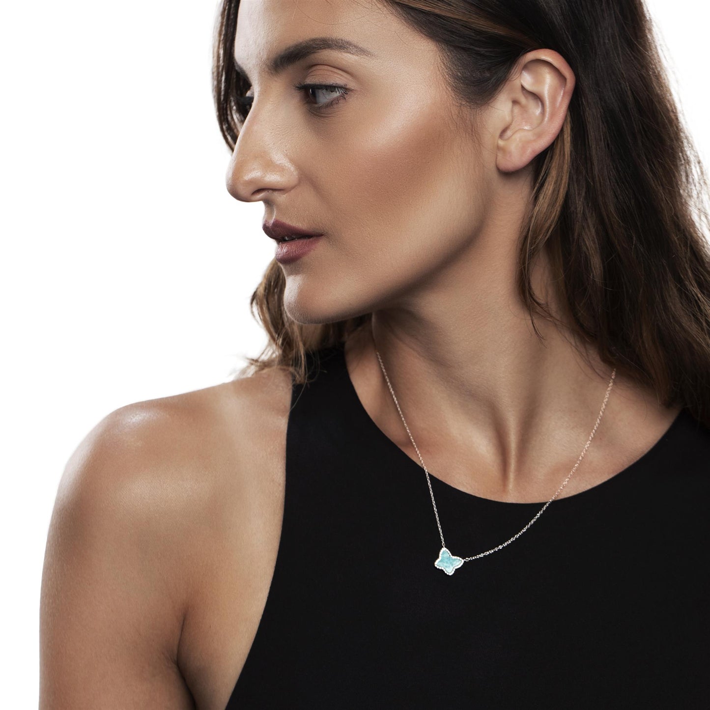 Sterling Silver Genuine Amazonite Butterfly Pendant Necklace , 18 Inches
