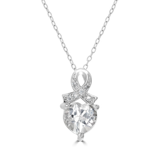 Sterling Silver White Topaz Heart Ribbon Design Cable Pendant Necklace, 18 Inches