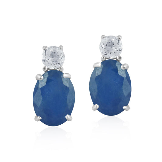 14K White Gold Oval Sapphire and White Topaz Stud Earrings