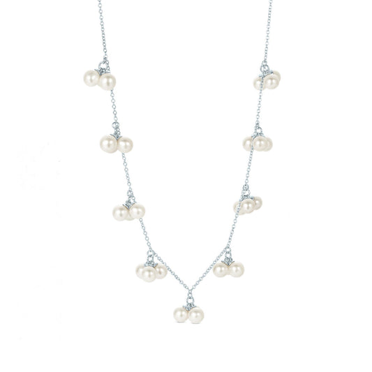 Gemistry White Cultured Freshwater Pearl June Birthstone Station Necklace in 925 Sterling Silver for Women